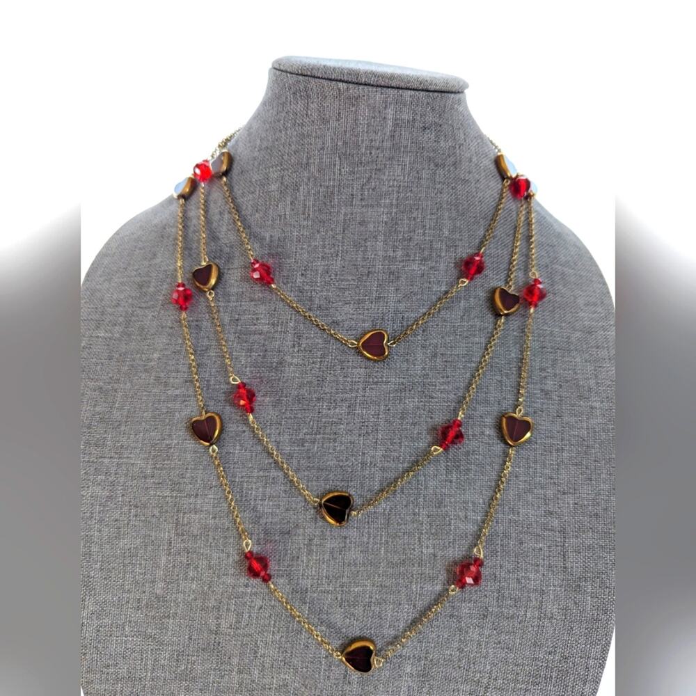 Pier 1 Imports Triple Strand Gold Tone Chain Glass Beaded Heart Layered Necklace